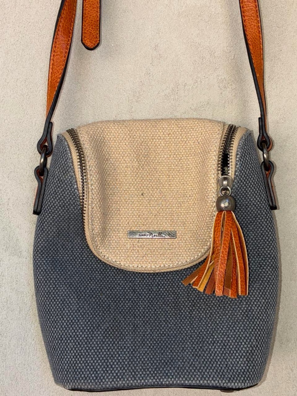 Simply Noelle Gray and Cream Crossbody Bag with Tan Tassel